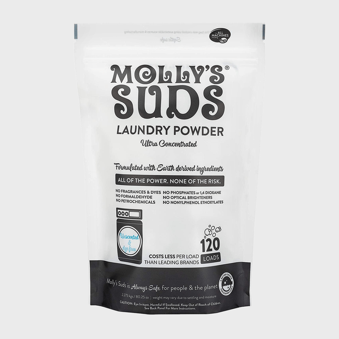 Package displays Molly's Suds laundry powder emphasizing earth-derived ingredients, unscented formula, 120 loads, and safety claims; communicates eco-friendly benefits.