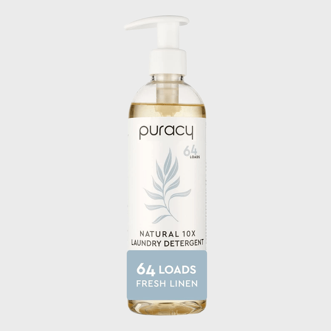 Bottle dispenses natural laundry detergent with 64 loads capacity, labeled 