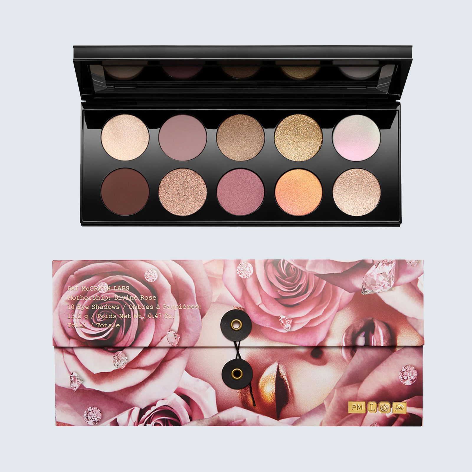 Eyeshadow palette displays ten shimmery and matte colors. Floral-themed packaging features roses and diamond accents, surrounding a stylized face image. Text describes product details.