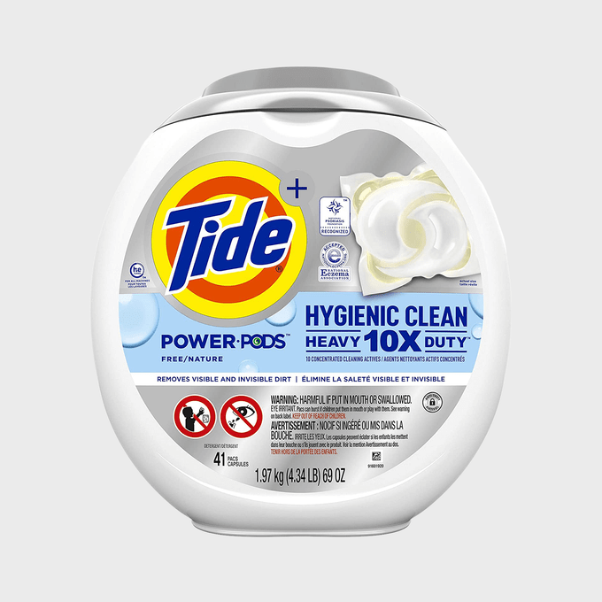Laundry detergent container; features branding and hygiene claims; sits against a plain background. Contains warnings and product details.