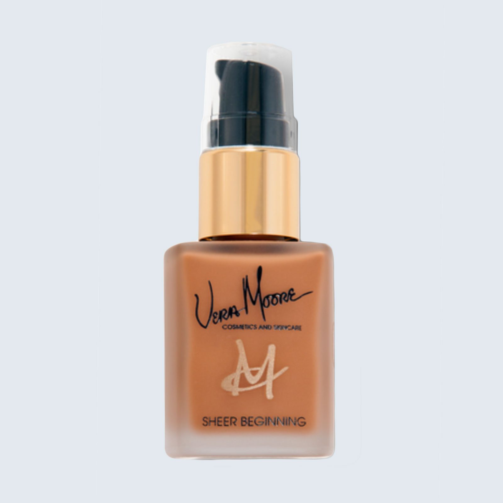 A cosmetic bottle with pump displays "Vera Moore Cosmetics and Skincare" and "Sheer Beginning," set against a light gray background.