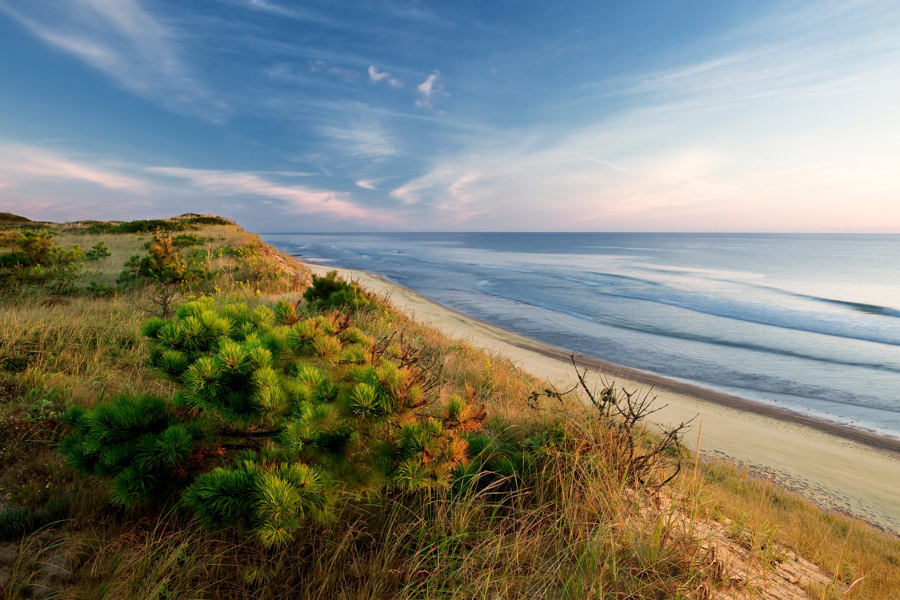 Coastal landscape with grassy dunes overlooking a serene ocean under a clear sky, waves gently lapping the sandy shore.