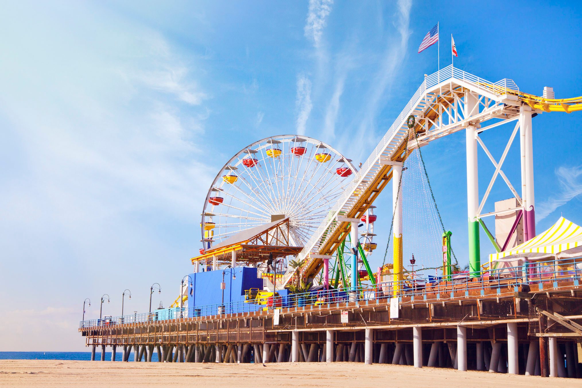 a view of Santa Monica beach and pier from the beach, Santa Monica, California
