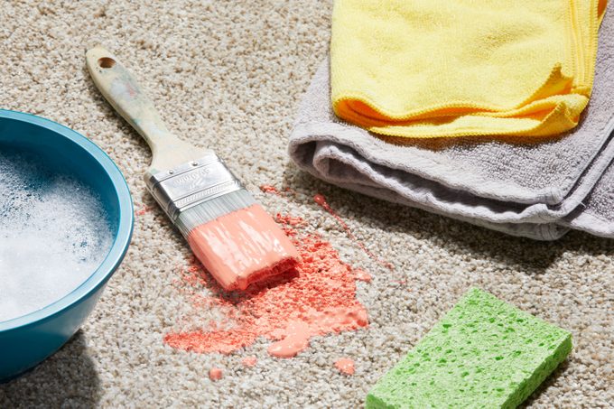 pink acrylic paint from a paint brush staining a light colored carpet with cleaning supplies nearby: bowl of soapy water, towels, sponge