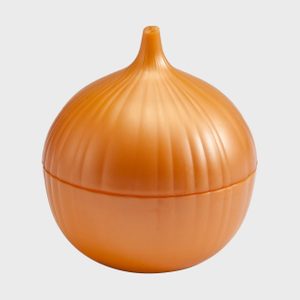 Orange, onion-shaped plastic container sitting on a plain white background.