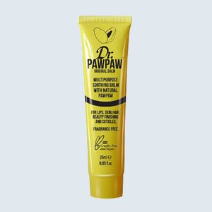 Yellow tube of Dr. PAWPAW soothing balm stands against a plain background. Text promotes its uses for lips, skin, hair, and cuticles.