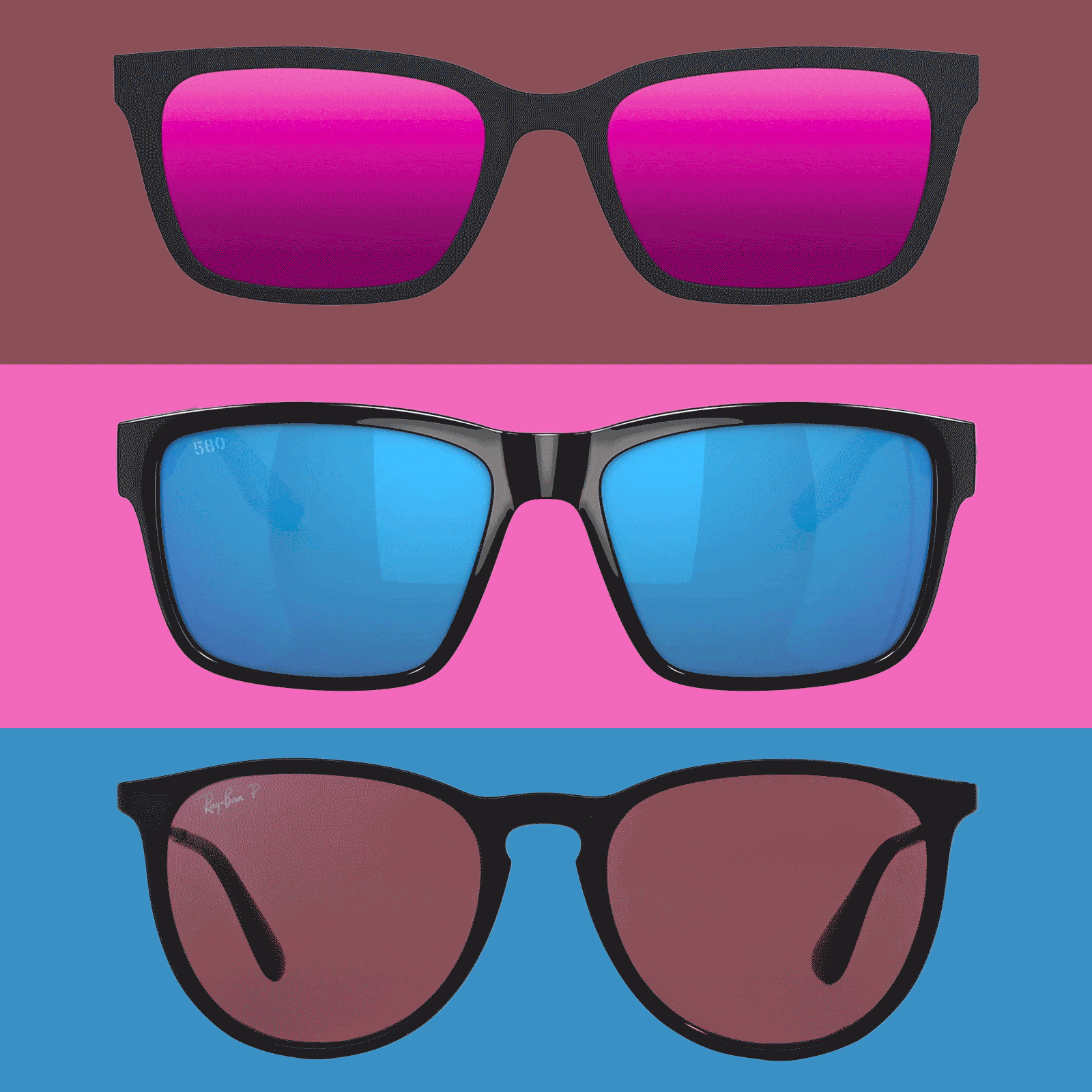 Sunglasses display vibrant lenses; pink on brown, blue with 