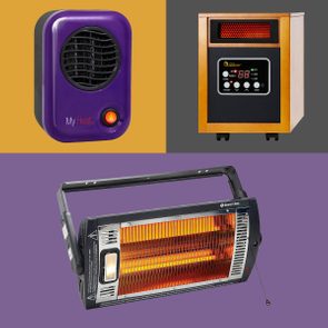 Three portable heaters are displayed against colored backgrounds: a purple wall unit, a wooden cabinet heater, and a black bar heater.