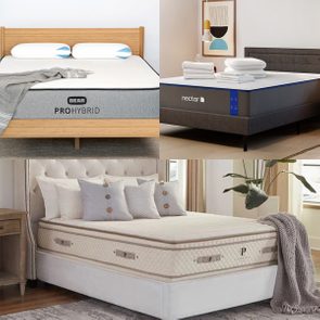 Mattresses displayed, showcasing different styles and designs in bedroom settings, each with pillows and blankets, creating a tidy, inviting appearance. Text: 