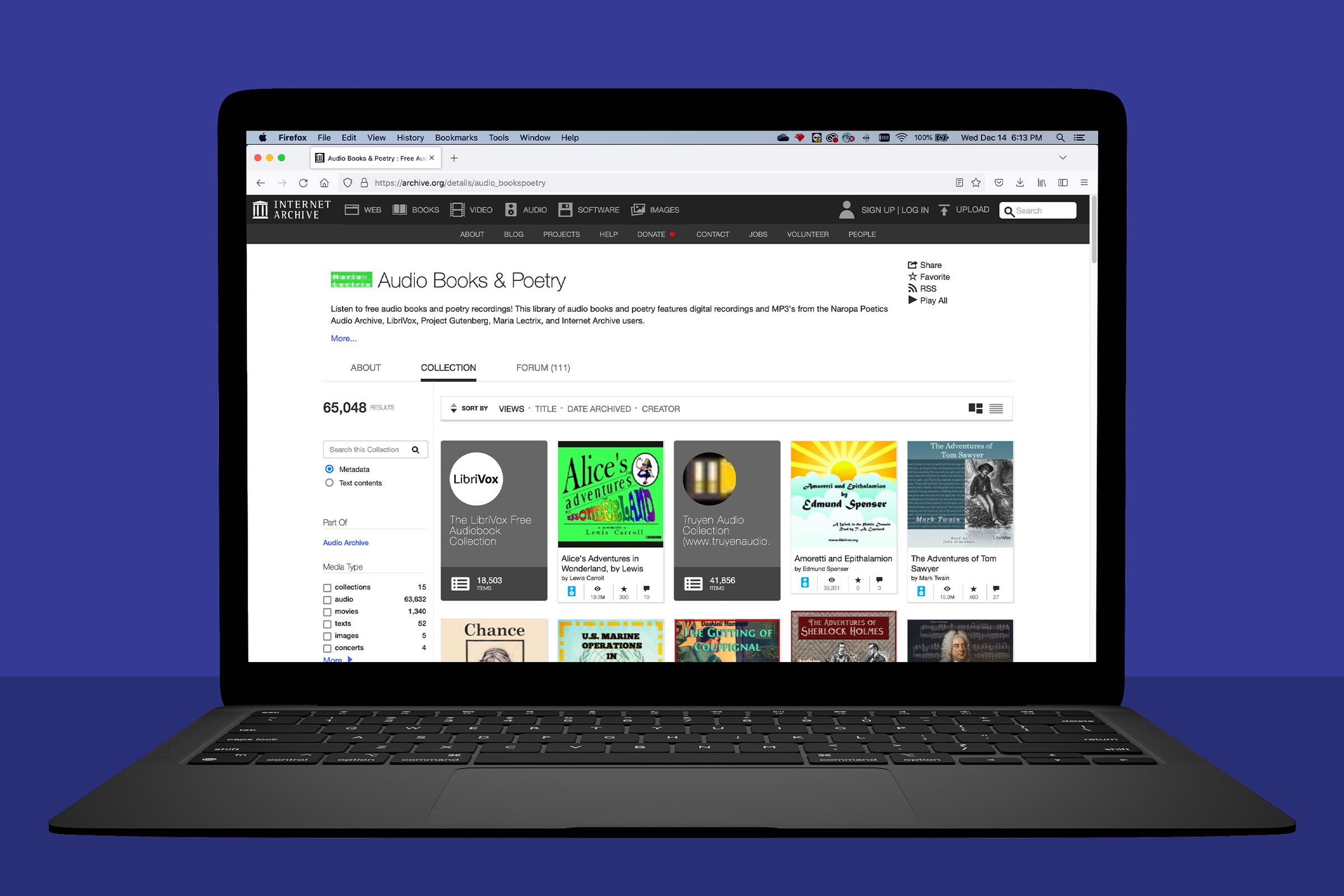 A laptop displays the "Internet Archive" website showing a collection of audio books and poetry. The screen highlights various audiobook titles.