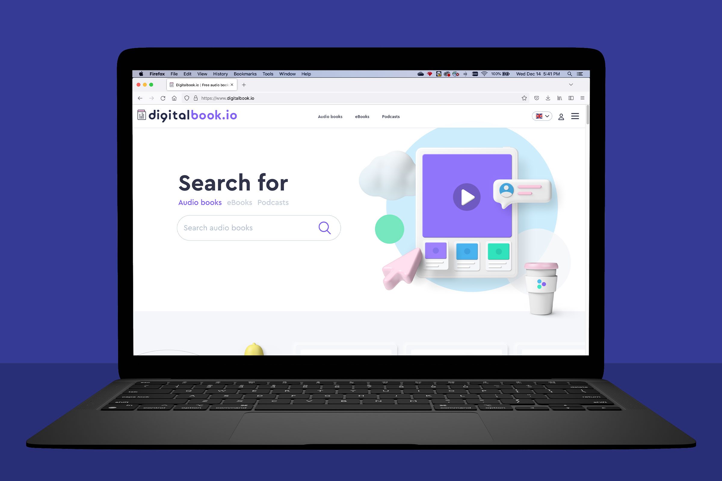 A laptop displays a webpage with a search bar for audio books, eBooks, and podcasts against a blue background.