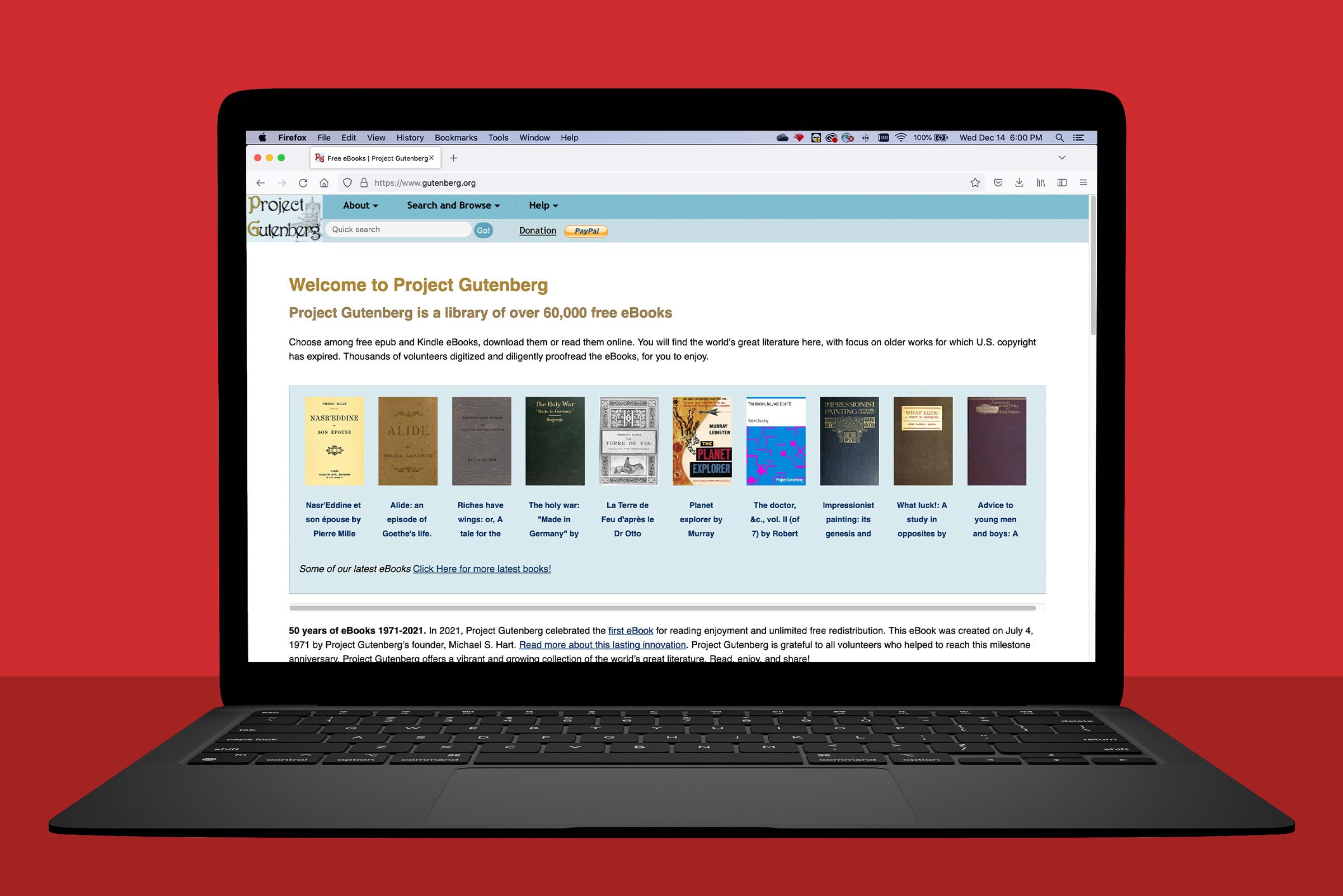A laptop displays Project Gutenberg's homepage, showcasing eBook titles on a web browser, set against a plain red background.