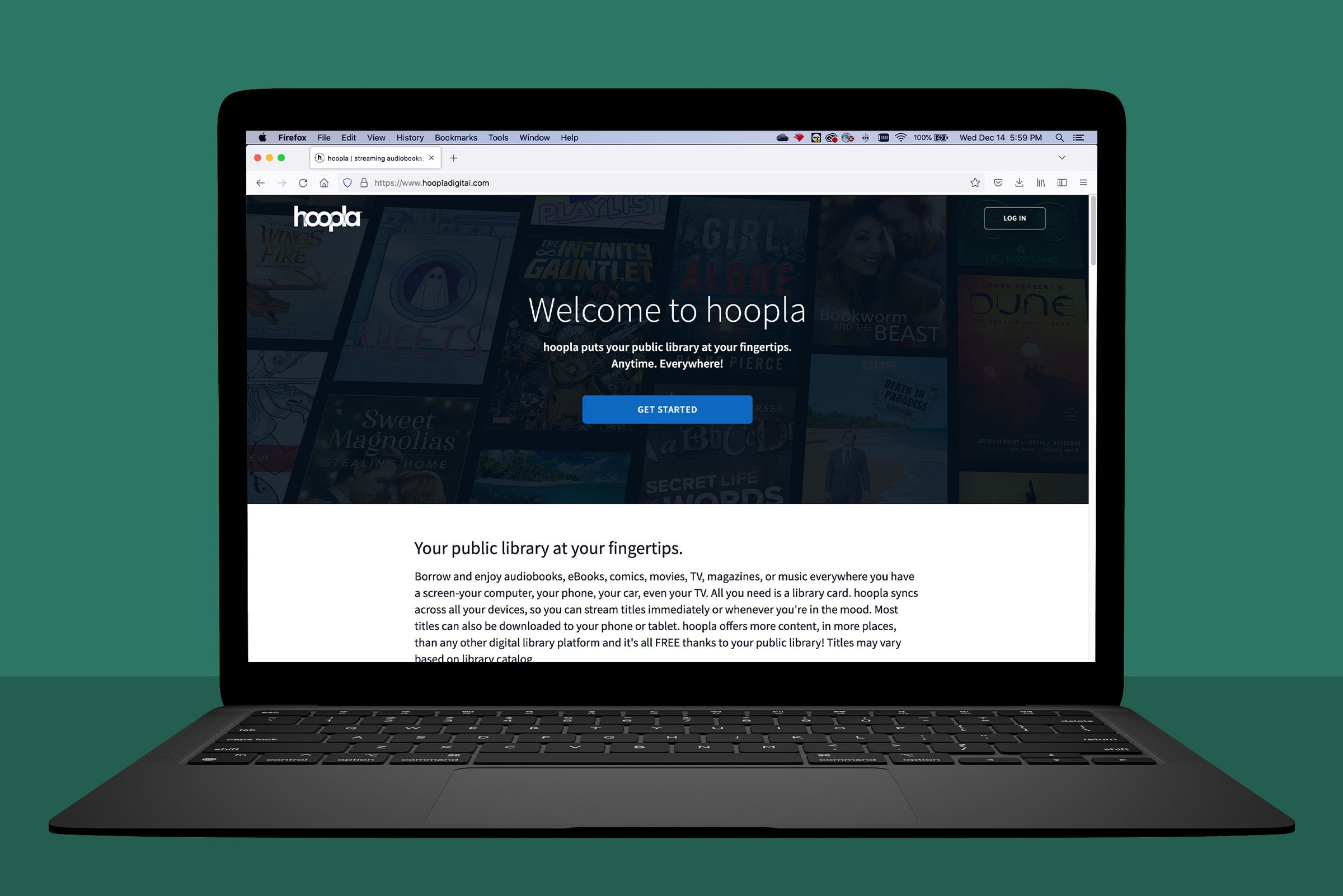 Laptop displaying Hoopla website; home screen highlights borrowing eBooks, audiobooks, and more. Text describes the library service and benefits.