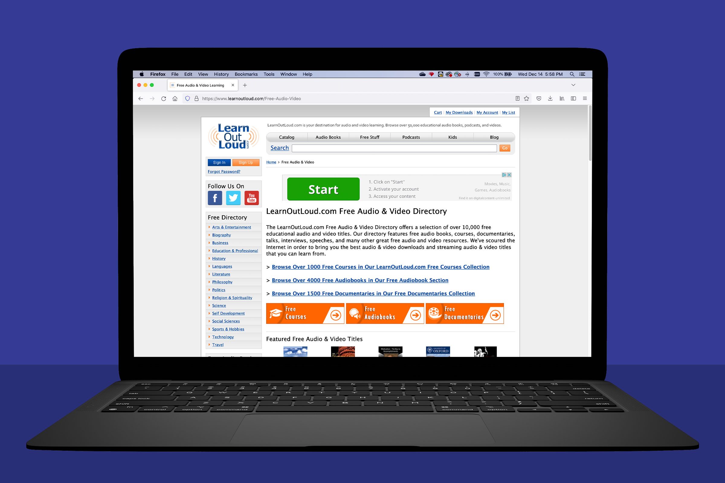 Laptop displays a webpage featuring "LearnOutLoud.com" with directories for free courses, audiobooks, and documentaries, in an online learning context.