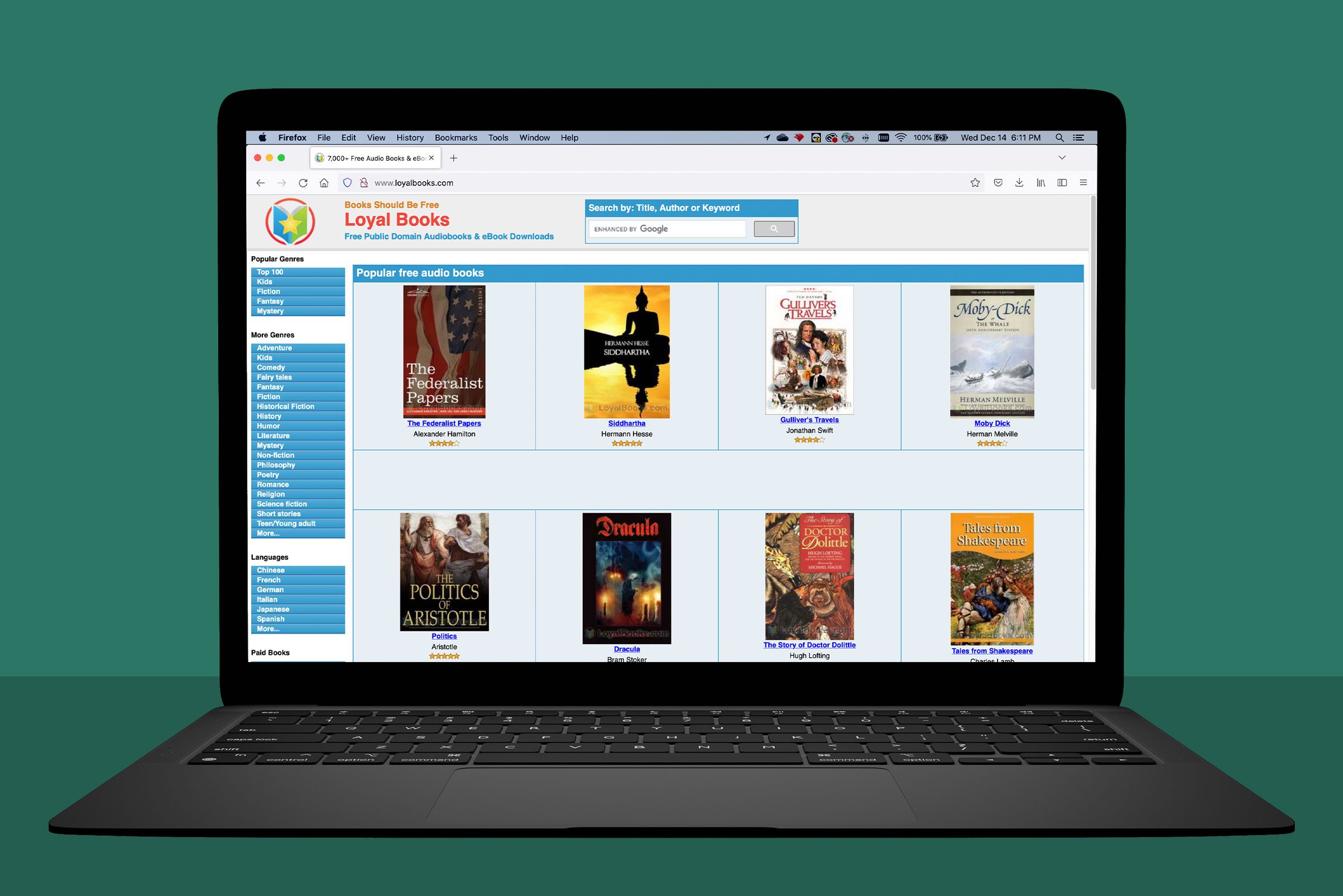 Laptop displays a website showing popular free audiobooks. The screen features book covers, titles, and genre listings, set against a green background.
