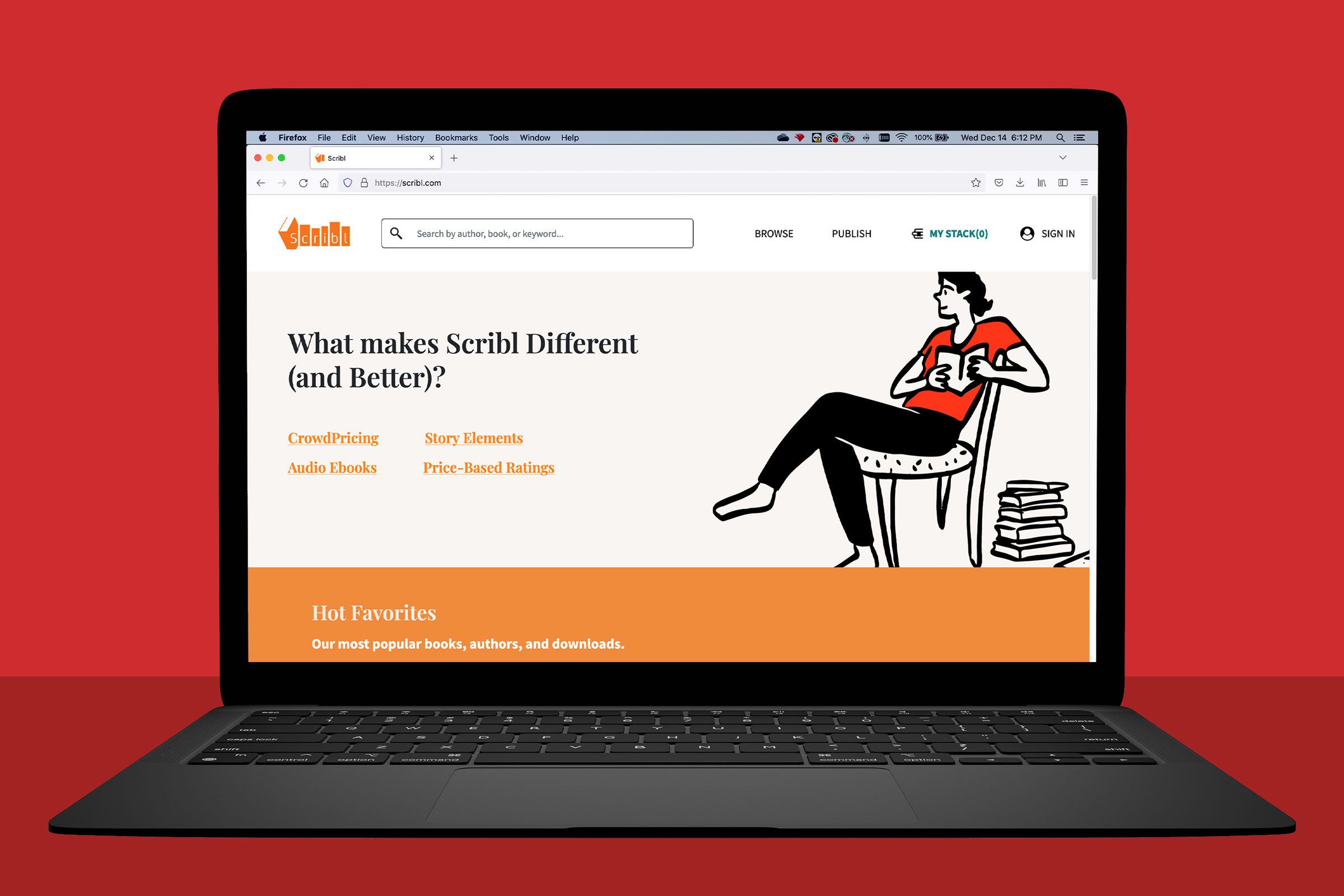 A laptop displays a website featuring Scribl's unique services, including CrowdPricing and Audio Ebooks, with an illustrated person reading in a chair.