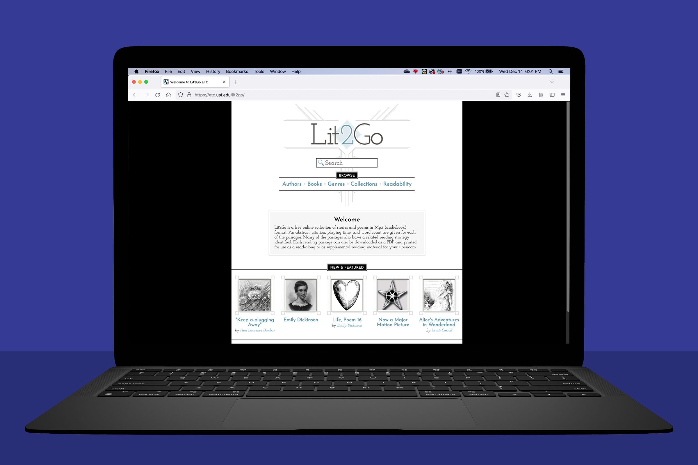 Laptop displays Lit2Go website, showcasing a search bar and text about audiobooks. Below are featured literary works with corresponding thumbnails.