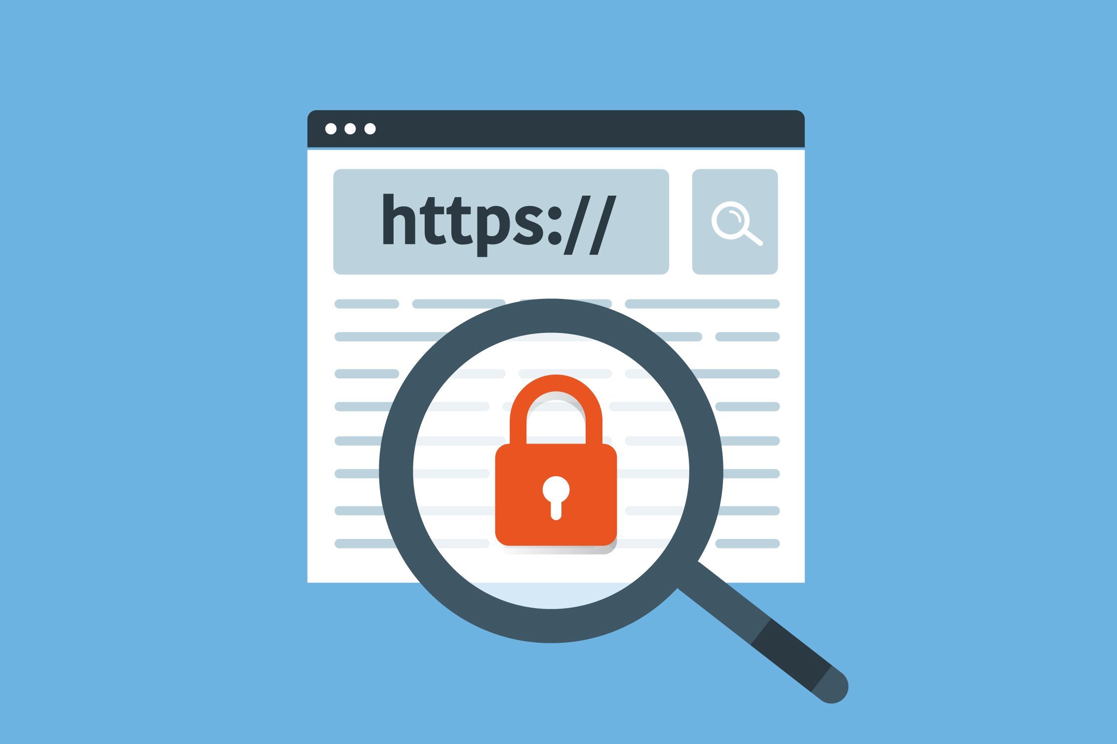 Magnifying glass enlarges red padlock icon on webpage displaying "https://" in search bar, over a blue background.