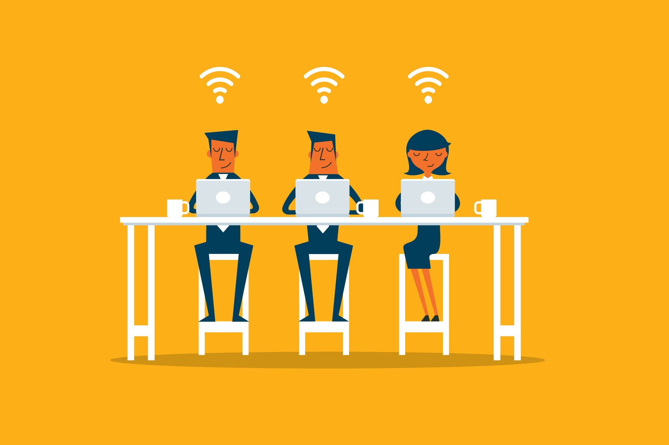 Three people work on laptops with Wi-Fi signals above them at a table with mugs, in a bright, orange-toned setting.