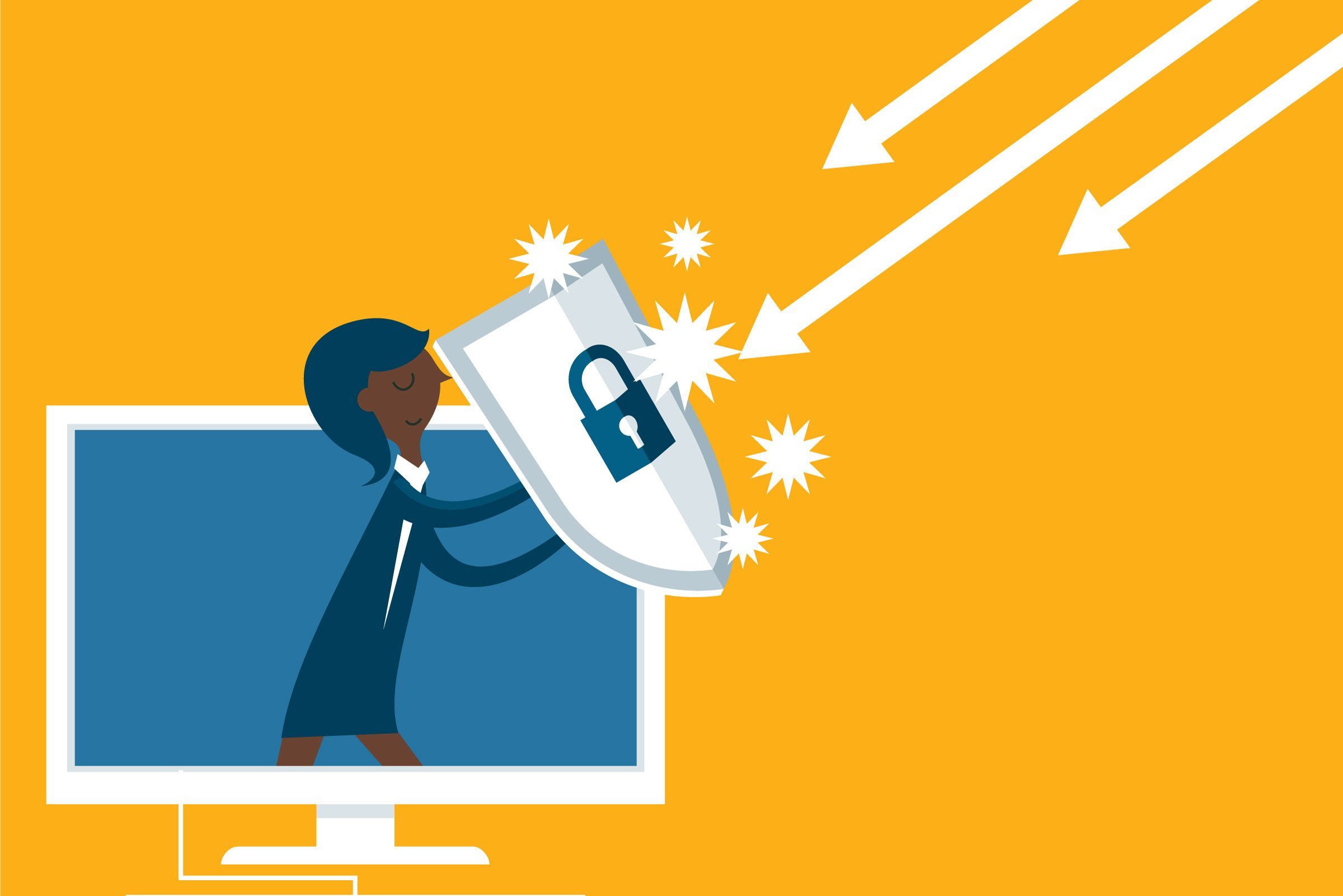 Character holds a shield blocking arrows, emerging from a computer screen, against a bright yellow background. The shield has a lock symbol.