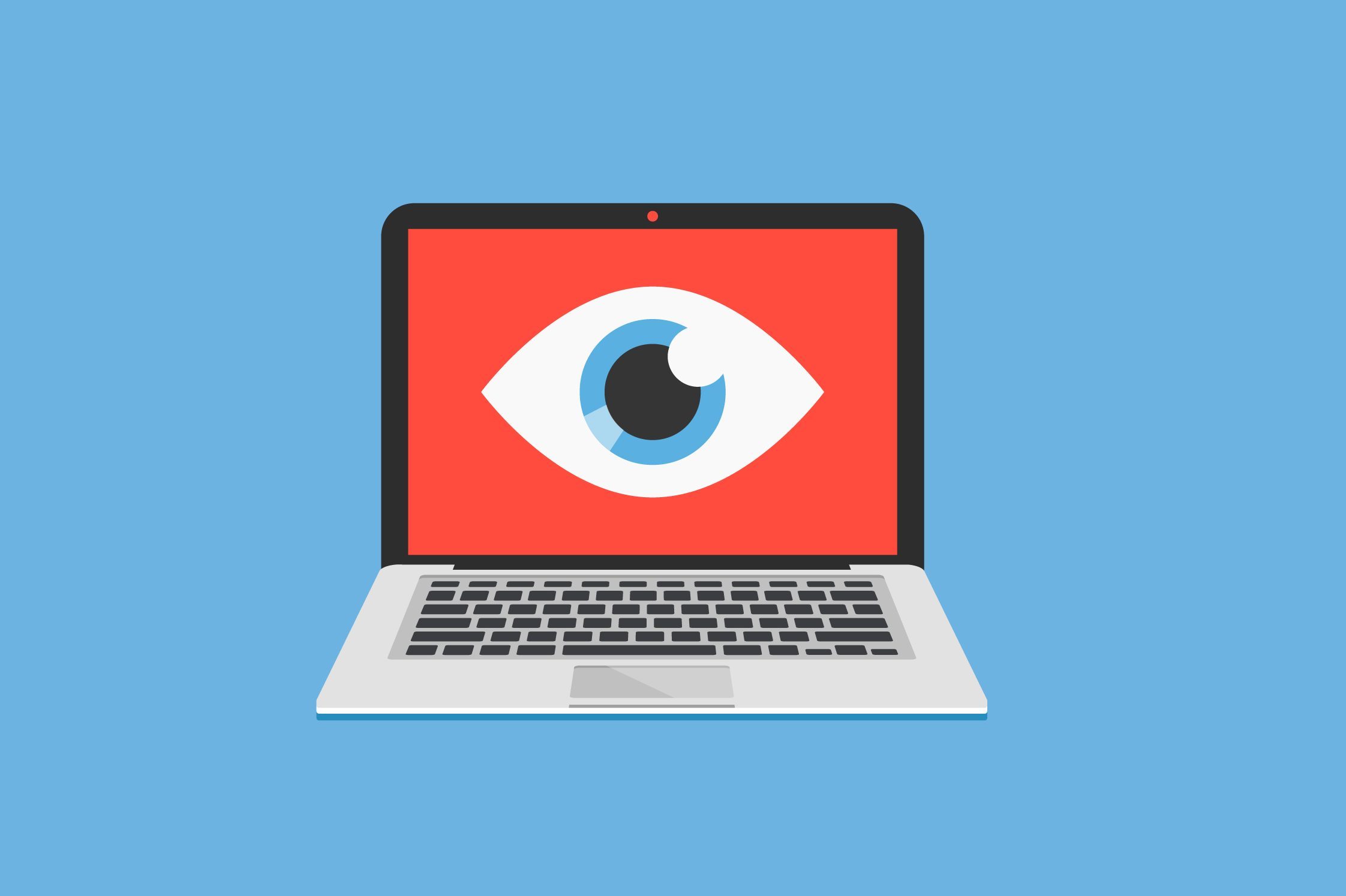 A laptop displays a large eye on its screen, set against a blue background.