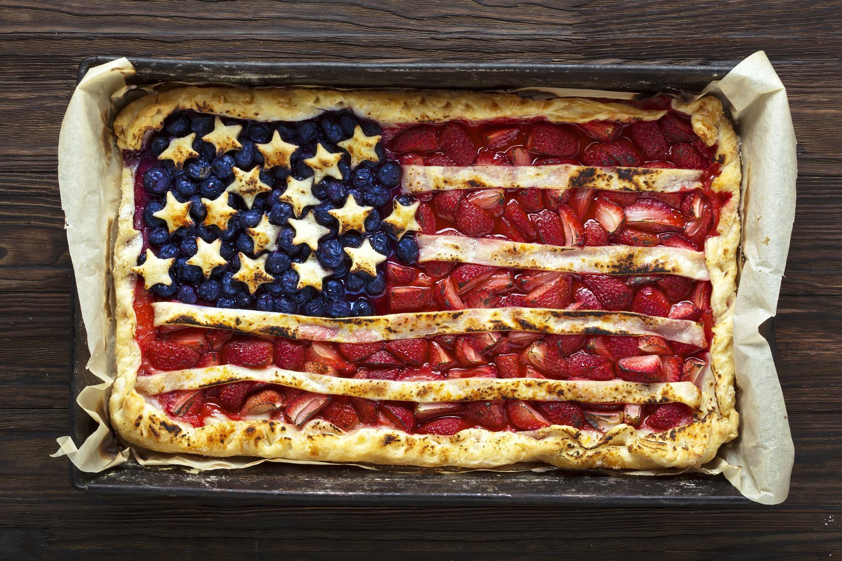 Pie decorated with blueberries, strawberries, and pastry stars; resembling an American flag, placed on a parchment-lined baking sheet.