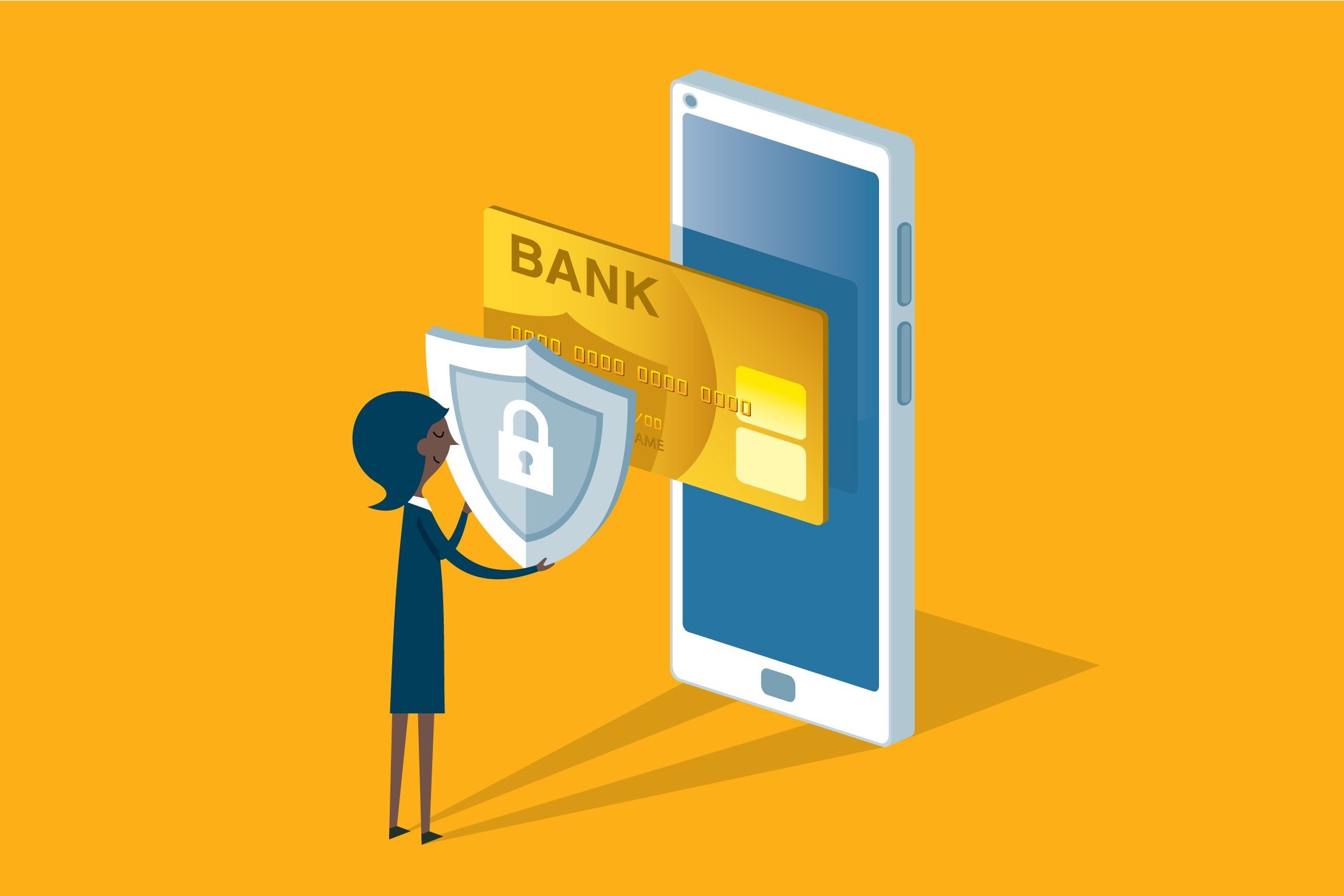 A person holds a shield with a lock, facing a mobile device with a bank card, in a yellow background.