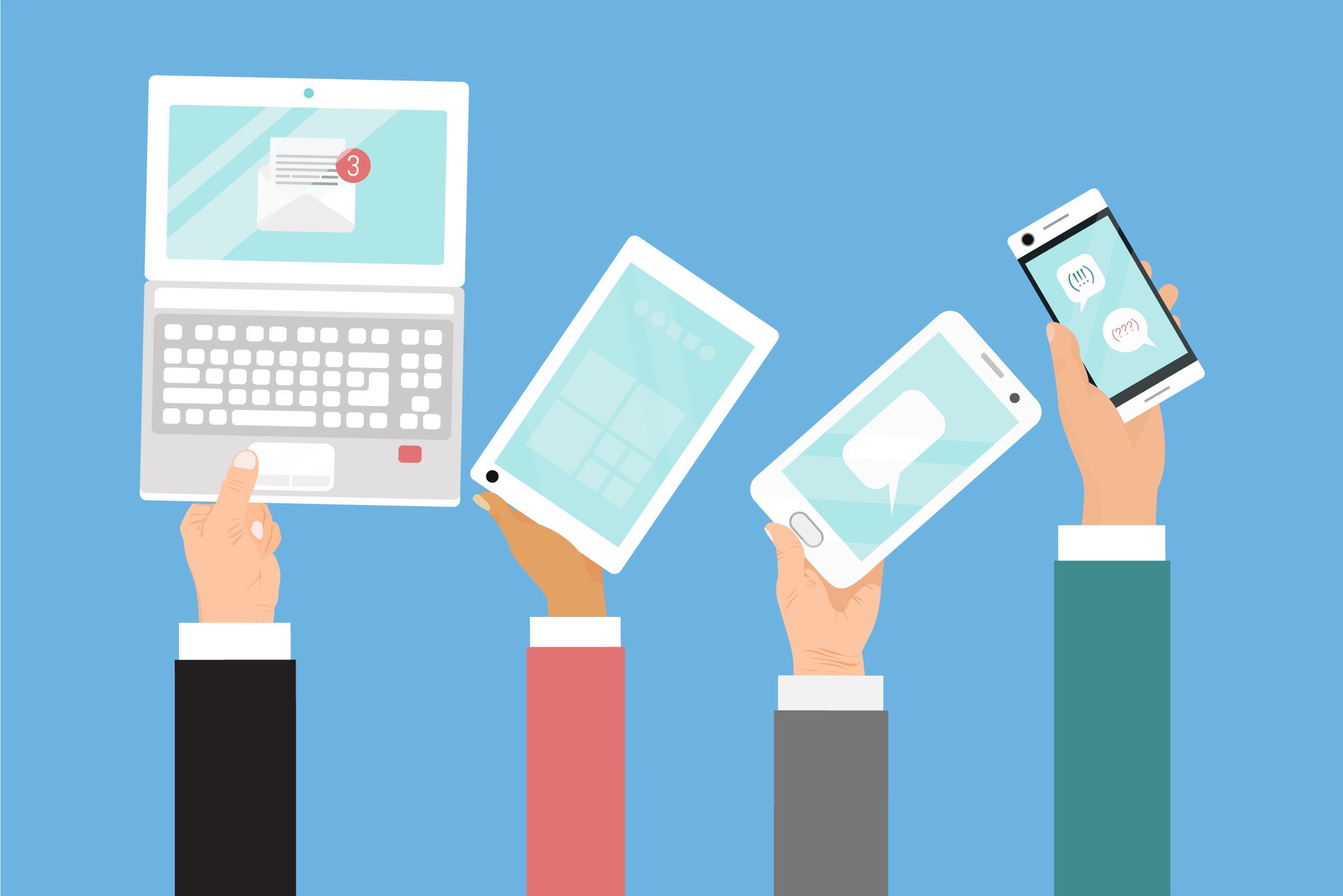 Hands hold devices displaying notifications on a blue background: a laptop (email), tablet, and two smartphones (speech bubbles).