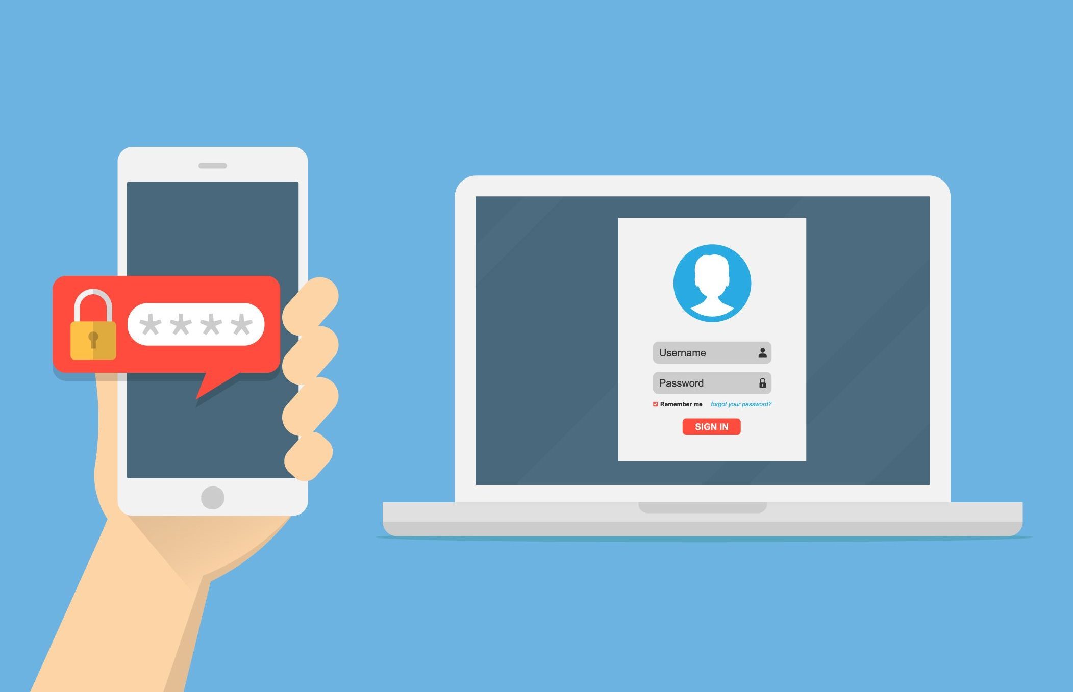 A hand holds a phone displaying a locked password message. Nearby, a laptop shows a login screen with username and password fields.