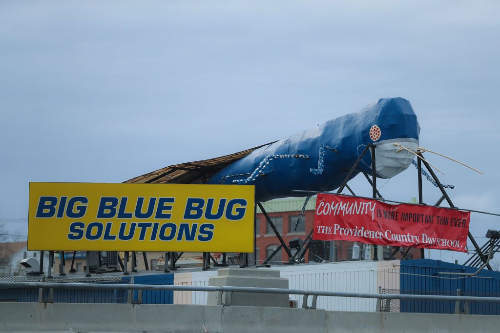 Large blue bug sculpture rests on a roof beside a yellow sign reading "BIG BLUE BUG SOLUTIONS" and a red banner promoting community importance.