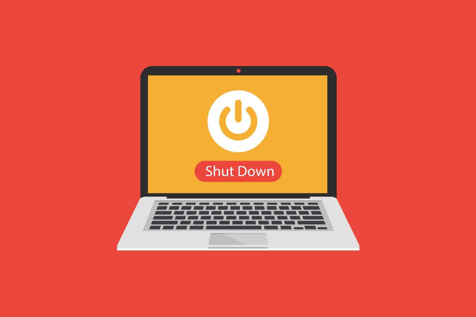 Laptop displaying a large power symbol with "Shut Down" button on screen, set against a solid red background.