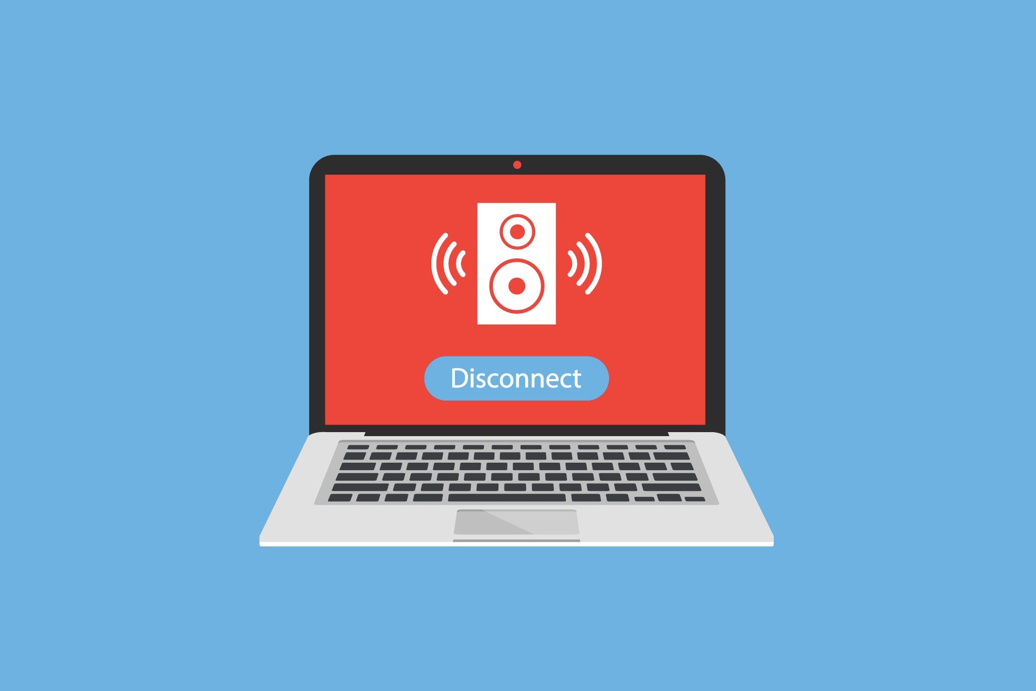 Laptop displays speaker icon with sound waves, red background. "Disconnect" button shown. Blue context suggests a digital interface.