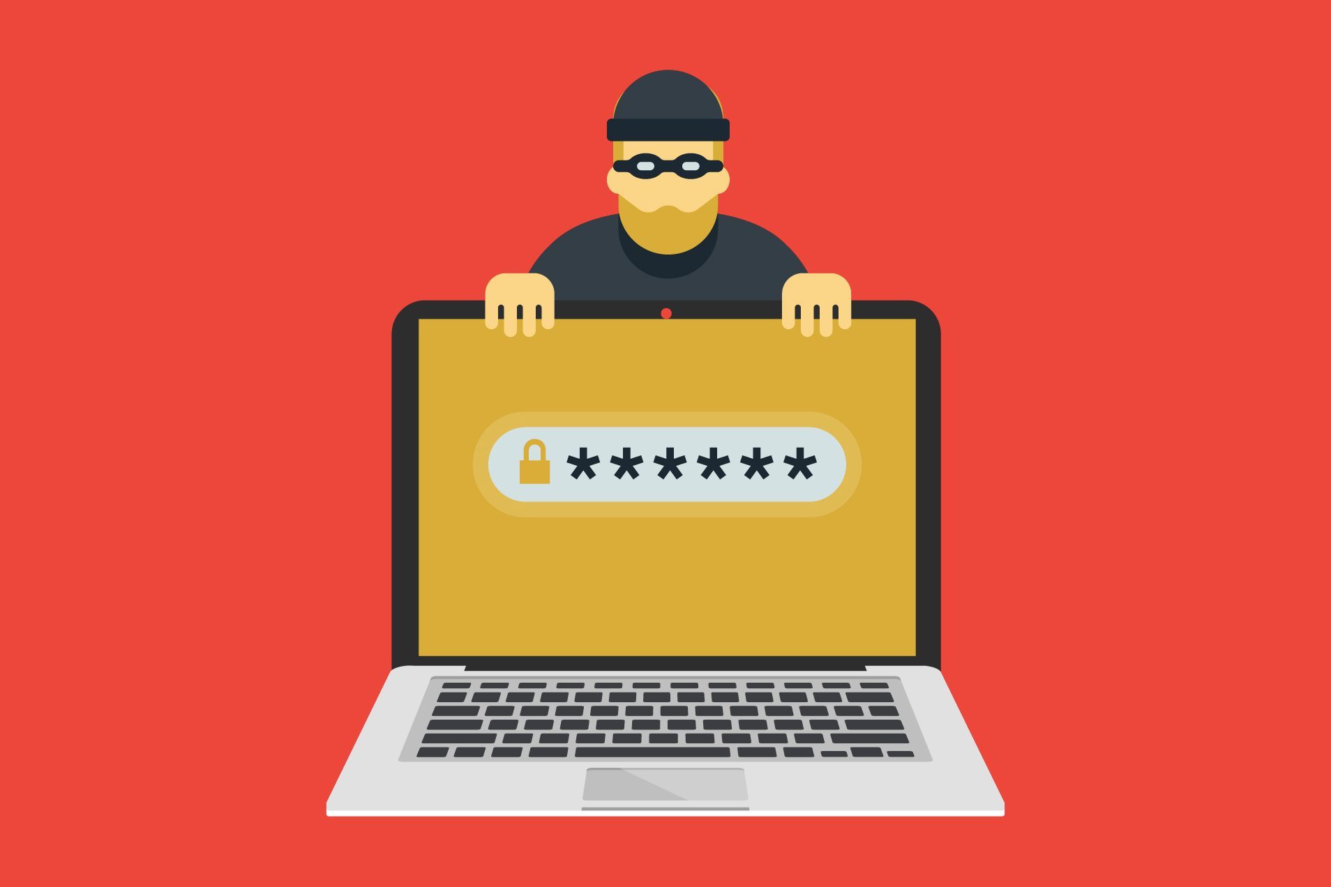 A masked figure peeks over a laptop showing a password screen, set against a red background.