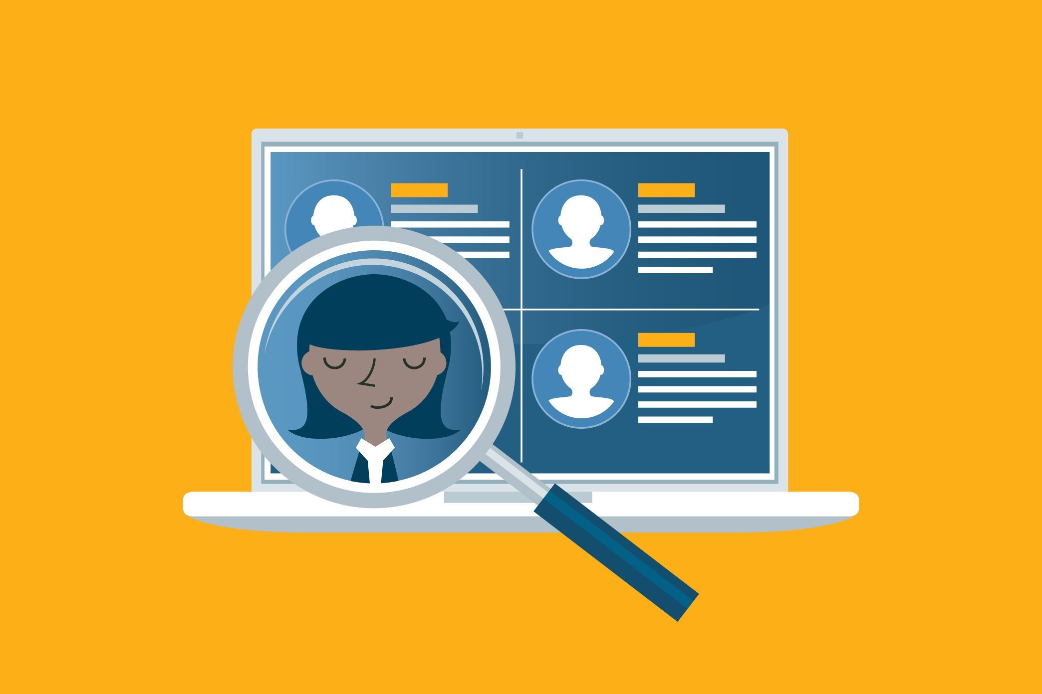 Magnifying glass examines a woman's profile on a laptop screen displaying multiple user profiles, against a yellow background.