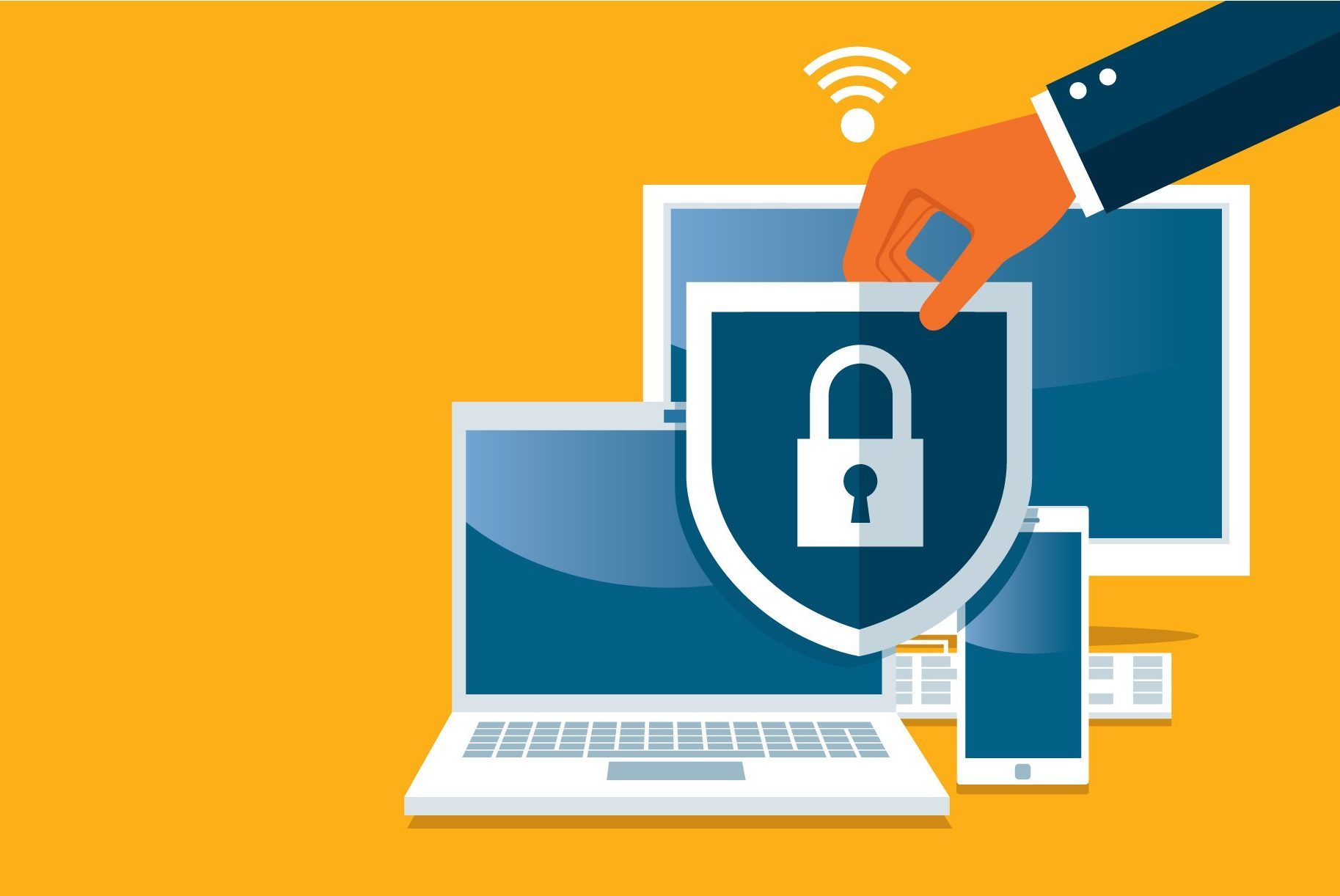 A hand places a lock shield over a laptop, tablet, and smartphone with a Wi-Fi symbol above, on a yellow background.