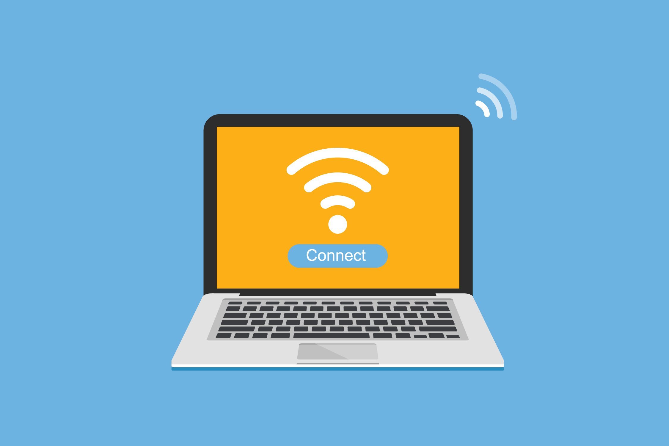 Laptop displaying Wi-Fi symbol and "Connect" button, emitting signals on a blue background.