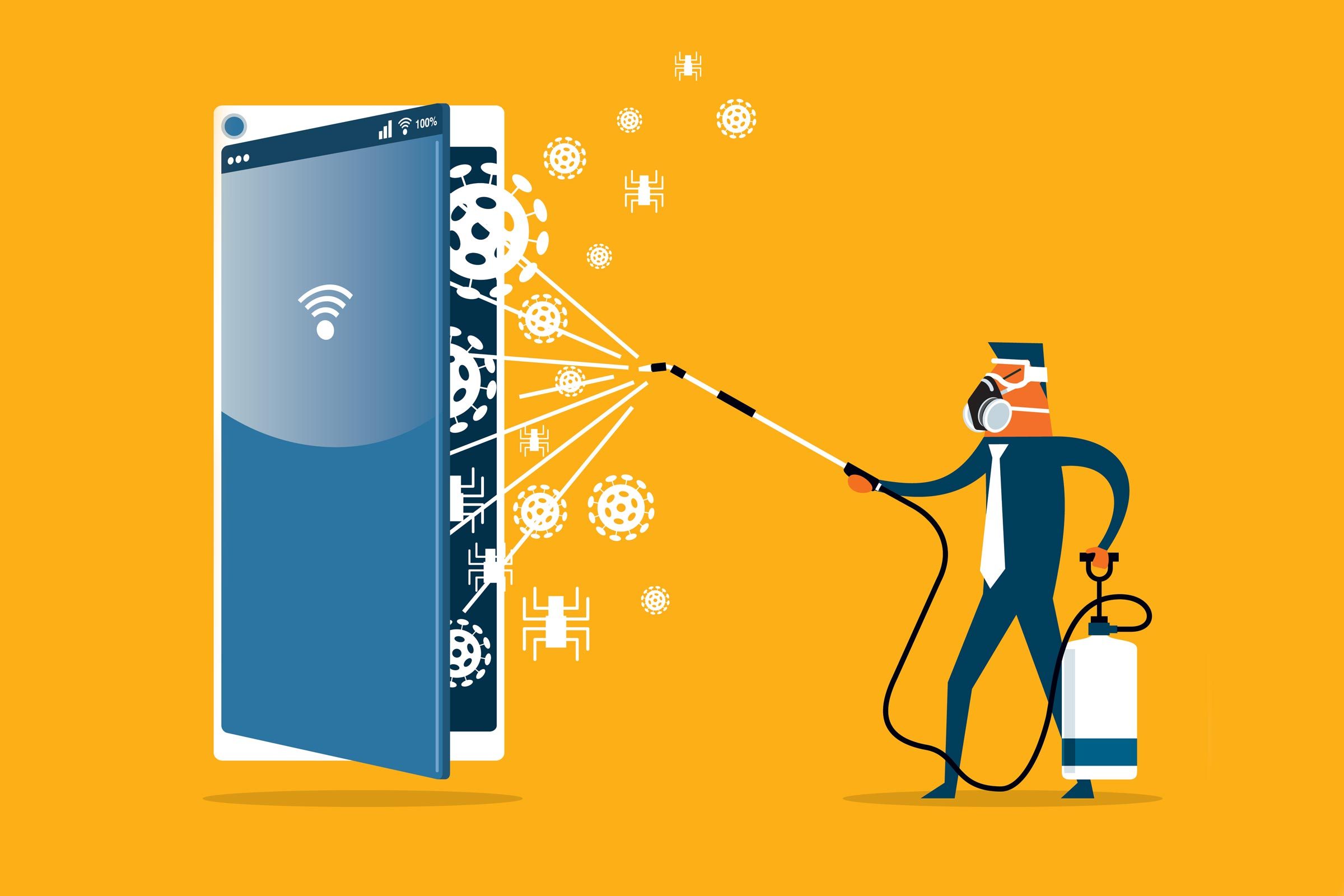 Person sprays disinfectant on smartphone emitting virus symbols, set against a bright orange background.