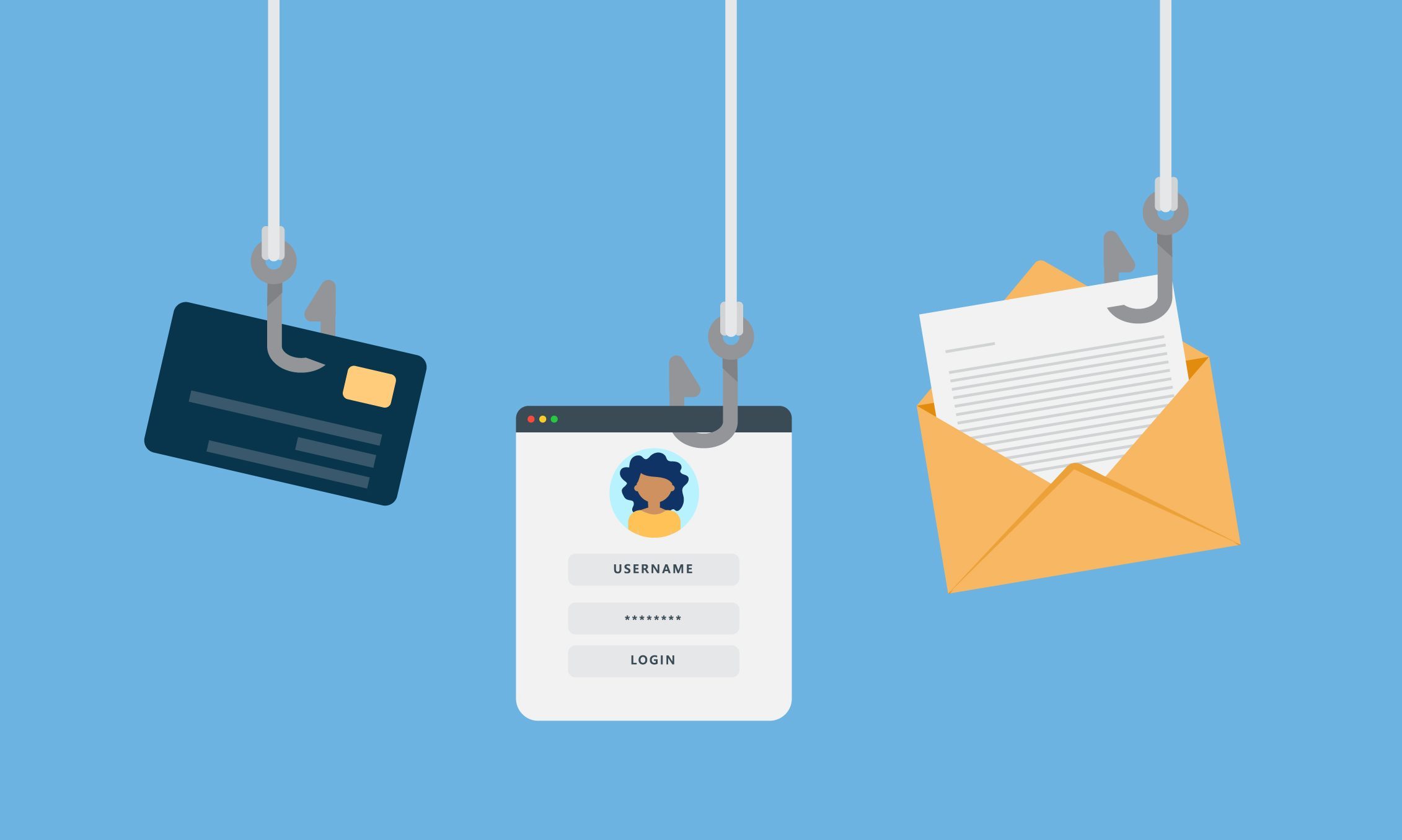 Hooks catch a credit card, a login page, and an envelope against a blue background, symbolizing phishing attempts in digital security.