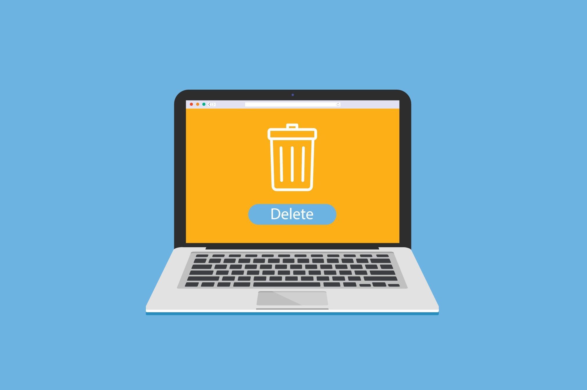 A laptop displays a yellow screen with a trash bin icon and a "Delete" button, set against a plain blue background.