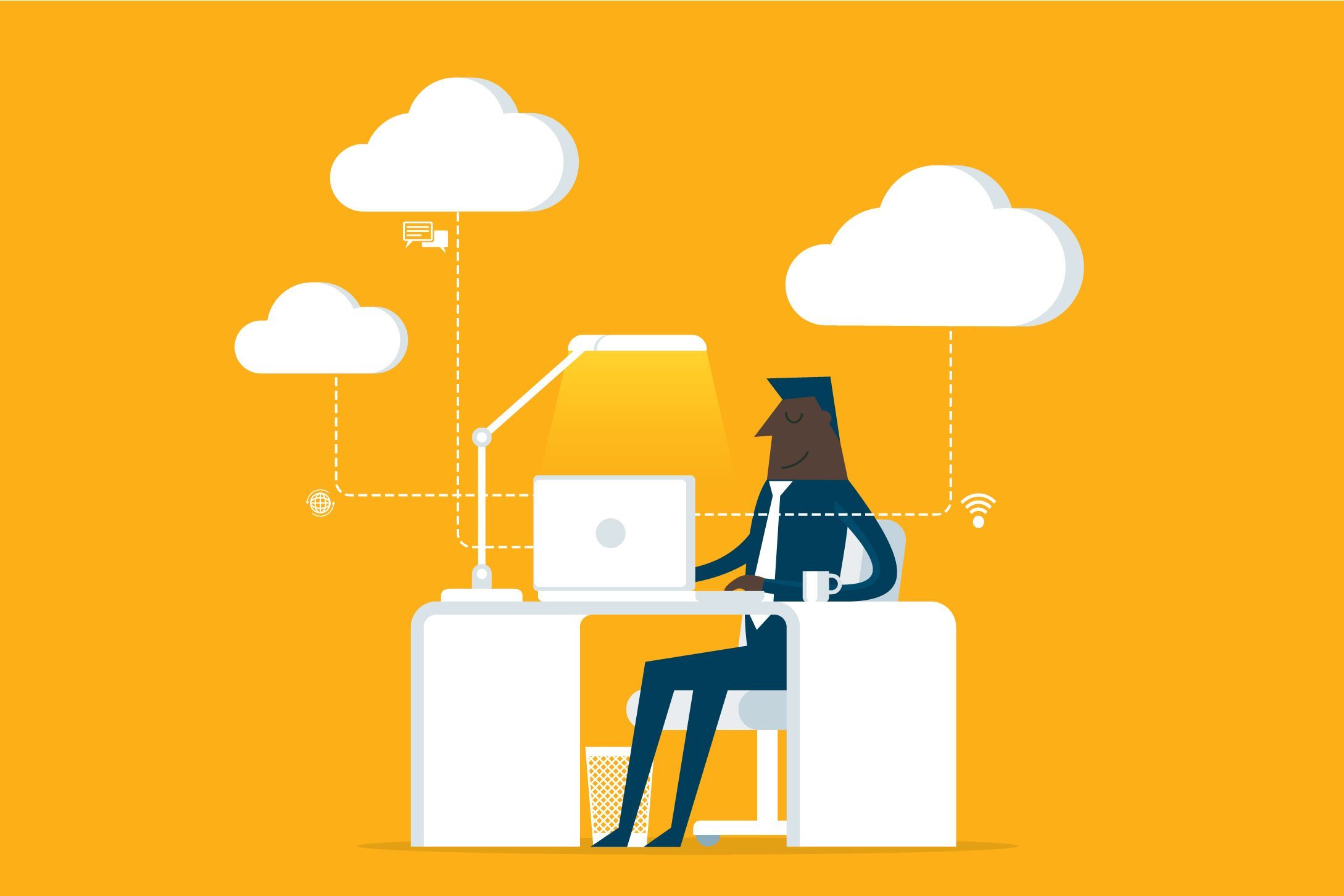 A person sits at a desk using a laptop, surrounded by cloud symbols, in a bright yellow background, indicating internet connectivity.