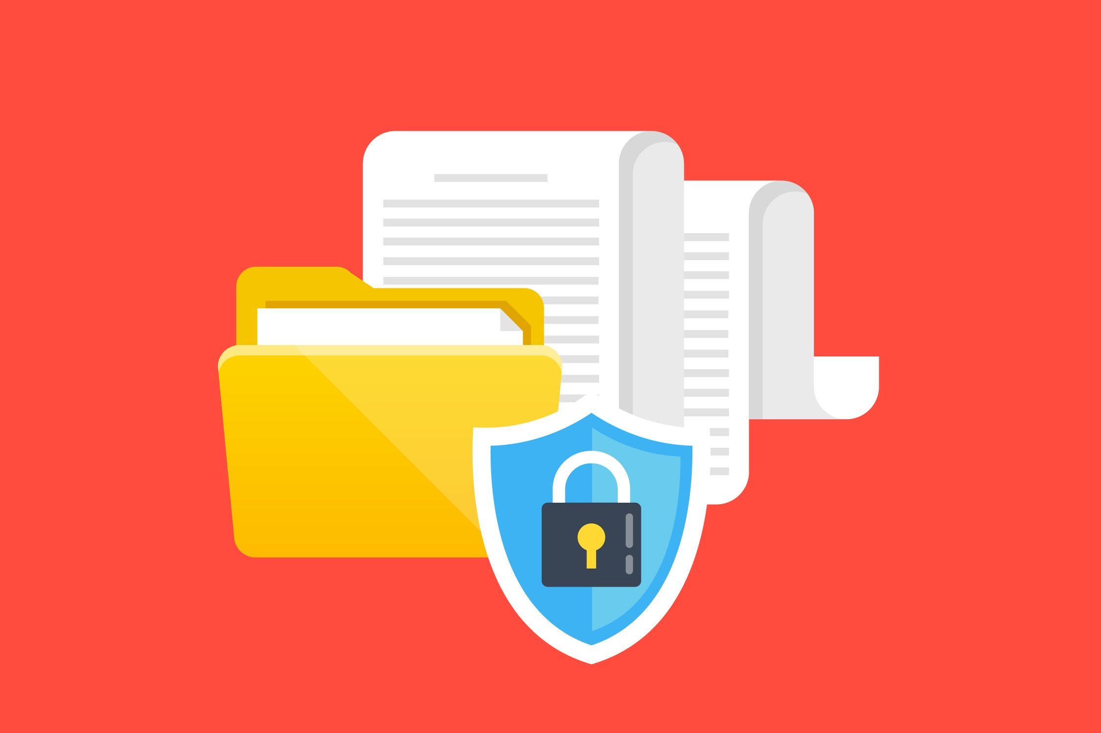 Yellow folder holds documents, shield with padlock symbolizing security, set against bright red background.