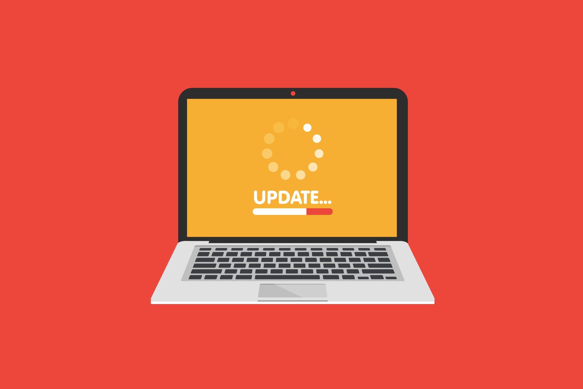 A laptop displays "UPDATE..." with a progress bar and loading icon; the background is solid red.