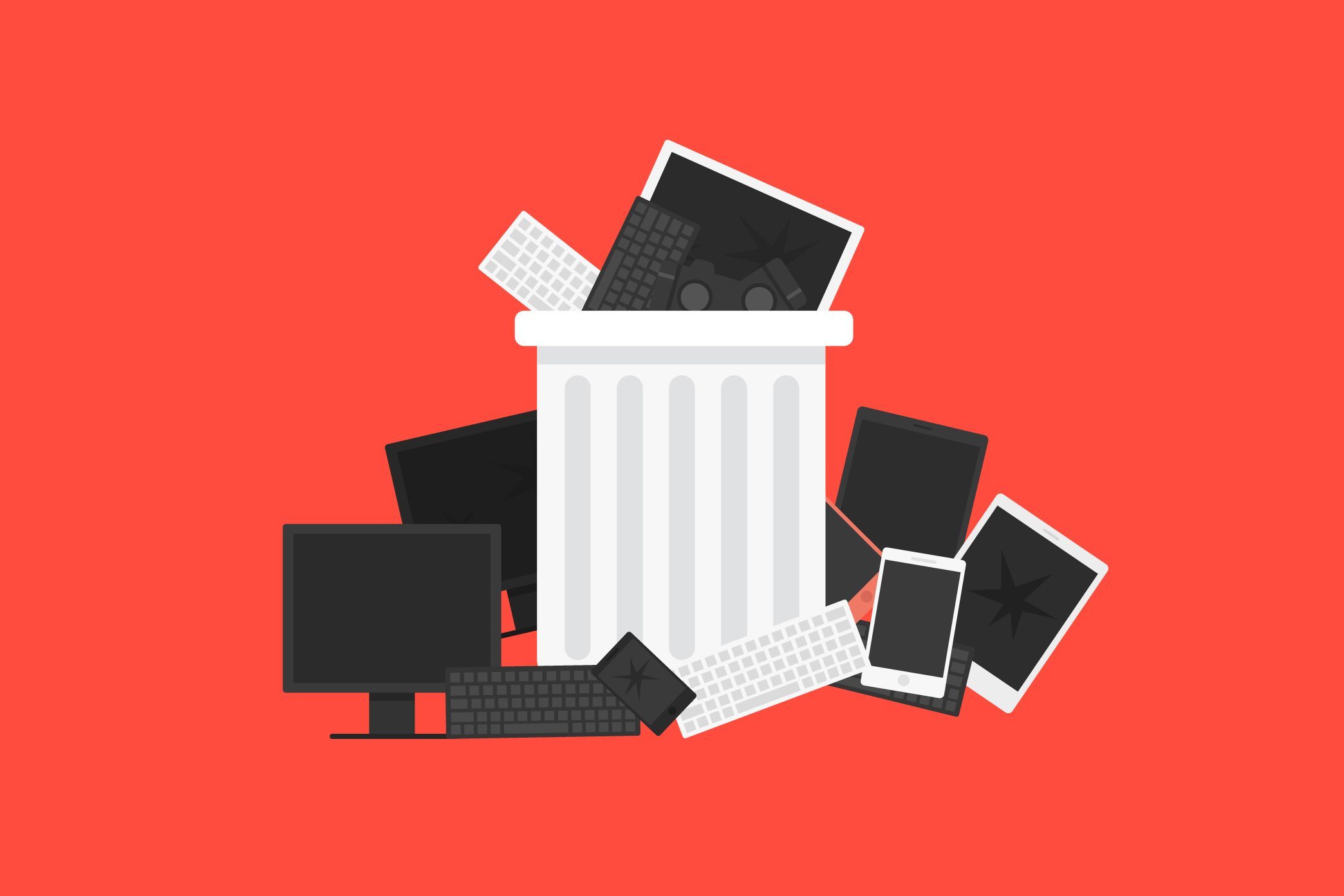 Trash can overflowing with broken electronic devices, including monitors, tablets, keyboards, and smartphones, against a solid red background.