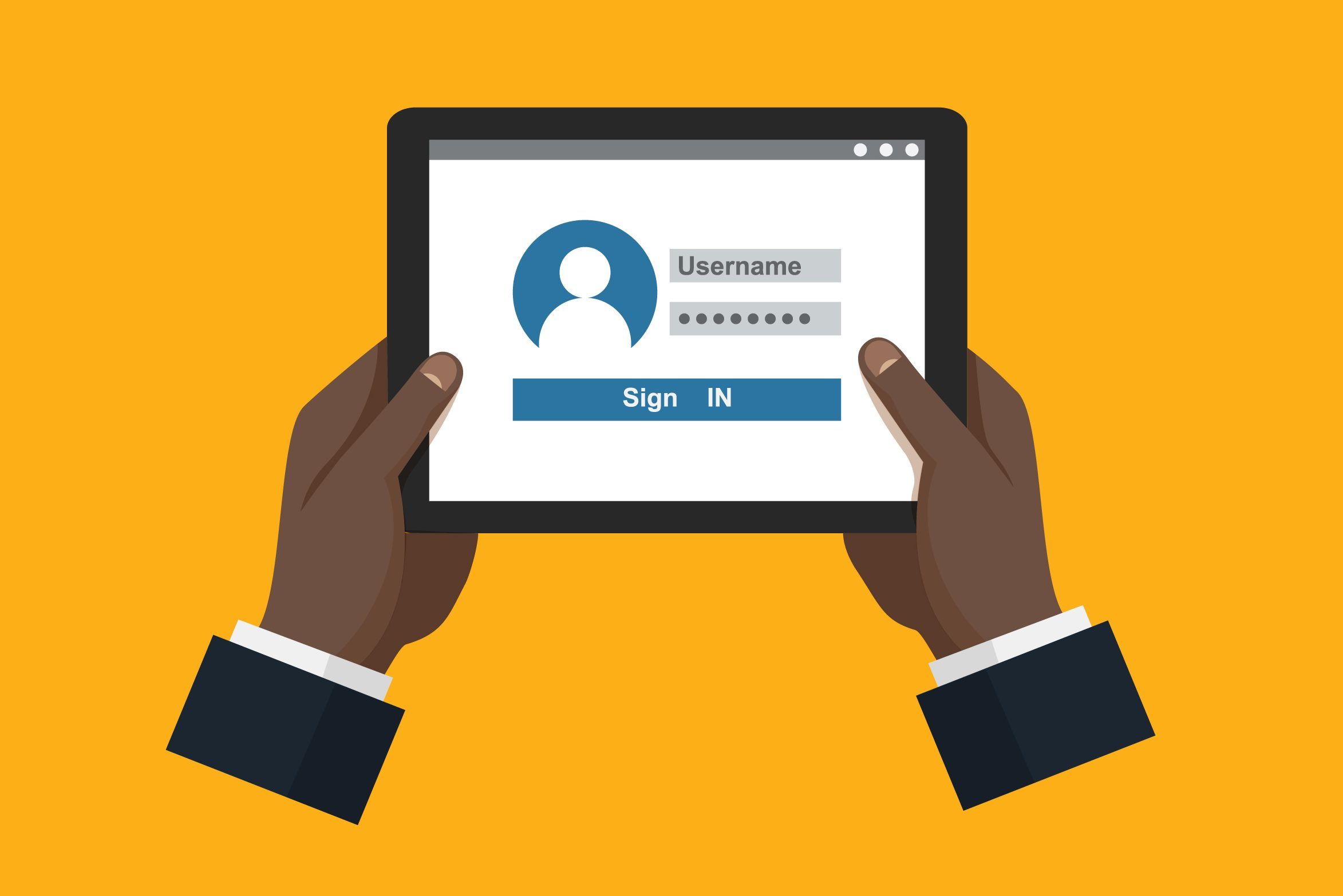 Hands hold a tablet displaying a login screen with "Username," password, and "Sign IN" button, against an orange background.