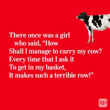 A cow stands against a red background with humorous text about carrying it in a basket, causing a commotion.