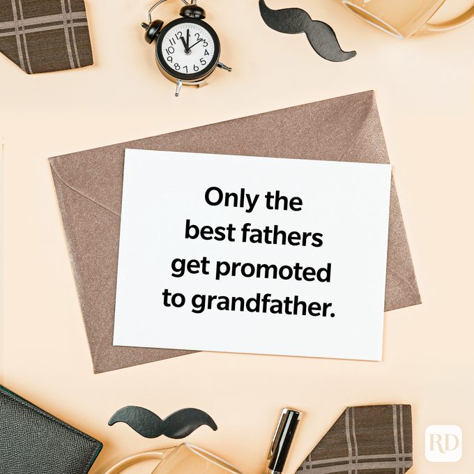 Card displays text reading, "Only the best fathers get promoted to grandfather," surrounded by an envelope, clock, pen, glasses, and mustache cutouts.
