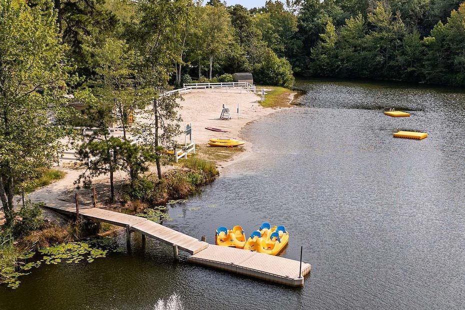 Pedal boats rest docked on a calm lake beside a sandy beach, surrounded by a dense forest.