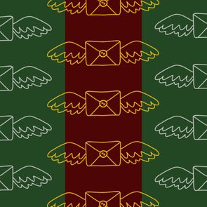 Envelopes with wings are lined up on a green and maroon striped background. Central envelopes are yellow, side ones are white.