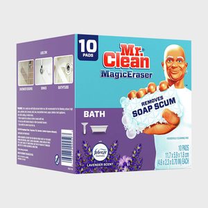The box shows Mr. Clean holding a cleaning pad with text claiming soap scum removal. It features lavender scent and is suited for bathroom surfaces.