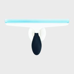 A white squeegee with a blue blade is mounted on a wall. The handle is black and contoured for grip.
